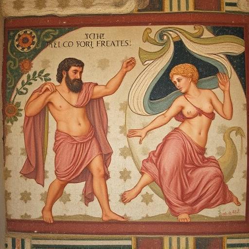 Fotografia di un affresco romano appena scoperto a Pompei, raffigurante una scena mitologica.