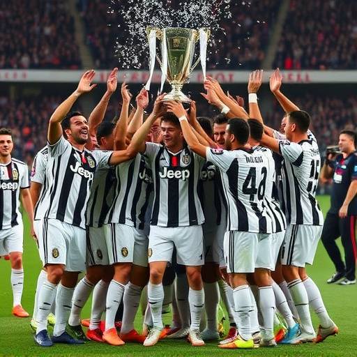 Giocatori della Juventus festeggiano la vittoria dello Scudetto, sollevando il trofeo.