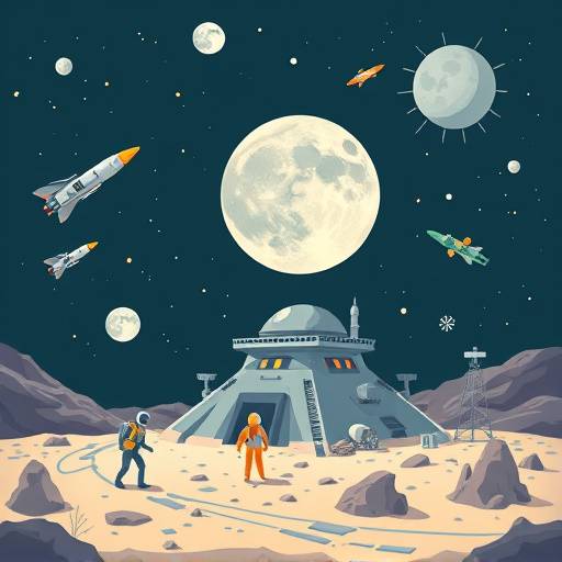 Illustrazione artistica di una base lunare con astronauti e veicoli spaziali