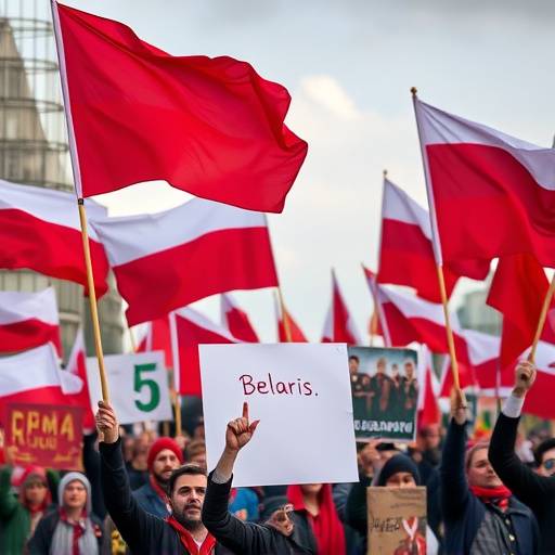 Manifestanti in Bielorussia che protestano contro il governo con bandiere e striscioni