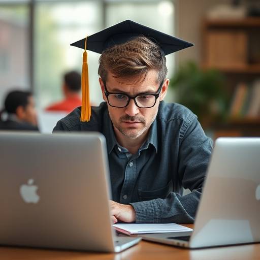 Un giovane laureato che cerca lavoro online, con espressione frustrata, e un lavoratore anziano che guarda il computer con aria stanca.