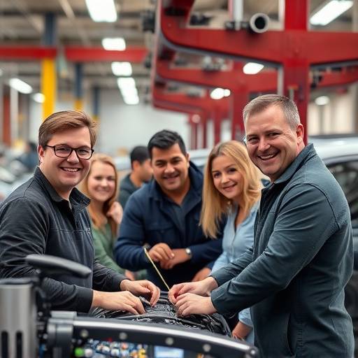 Un gruppo di persone di diverse etnie che lavorano insieme in un'officina meccanica a Torino, sorridendo e collaborando.