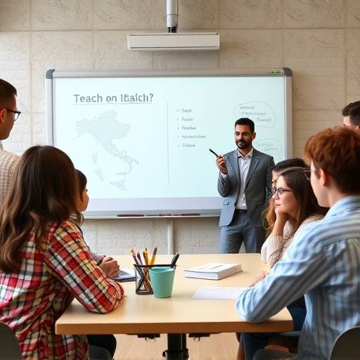 Un insegnante che spiega una lezione a una classe multietnica di studenti italiani, utilizzando una lavagna interattiva.